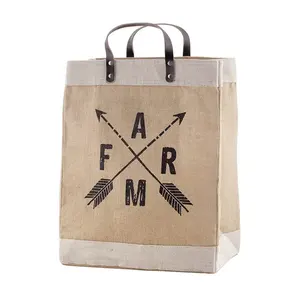 Large Custom Printed Logo Design LaminatedJute Burlap Shopping Tote Bag With Leather Handle