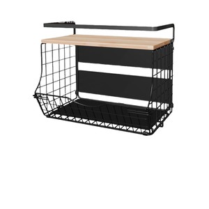 <b>Wall</b> Mounted Kitchen <b>Storage</b> <b>Rack</b> With Wooden Top Black <b>Wire</b> Mesh Organizer For Fruit And Tea Bag <b>Storage</b> - Product Image 1