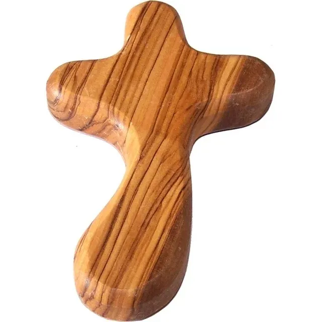 Holy Land Market Perfect Hand fit Olive Wood Cross Carved Round and with Hand Shape Religious Decoration Wooden Cross