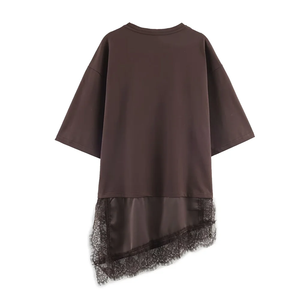 Nuova Moda 2026: T-shirt da <span class=keywords><strong>Donna</strong></span> Slim Fit con Collo Tondo, Maniche Corte e Dettagli Asimmetrici in <span class=keywords><strong>Pizzo</strong></span> e Canapa - Product Image 5