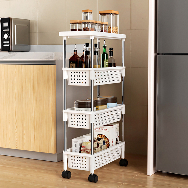 Haogle Wholesale 4 Tier Mobile Shelving Unit Organizer with Casters Wheels Slim Kitchen Storage Racks with Basket