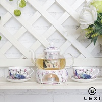 Service à thé en verre avec motif floral paon, chauffe-thé, infuseur, 2 tasses et soucoupes en porcelaine, chauffe-bougie, logo personnalisé, vente en gros
