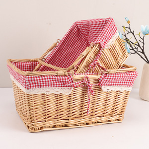 <b>Rectangular</b> Willow Picnic <b>Basket</b> With Red Checkered Liner For <b>Storage</b> And Shopping - Product Image 3