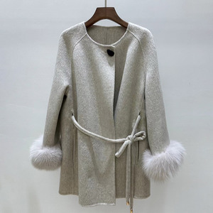 Elegante <span class=keywords><strong>pelliccia</strong></span> di volpe O <span class=keywords><strong>collo</strong></span> <span class=keywords><strong>cappotto</strong></span> doppio lato in lana con cintura da <span class=keywords><strong>donna</strong></span> <span class=keywords><strong>cappotto</strong></span> in Cashmere con sciarpa - Product Image 5