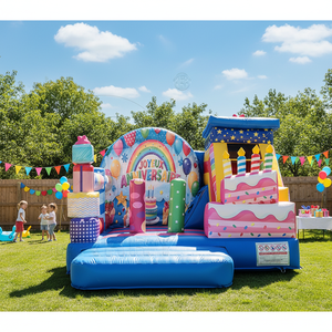 Château gonflable pour fête d'<span class=keywords><strong>anniversaire</strong></span> arc-en-ciel avec gâteau et cadeaux, parfait pour les célébrations d'enfants, les jeux en intérieur et les événements festifs - Product Image 1