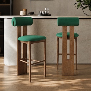 Sgabello da Bar in Velluto Verde Francese con Gambe in Legno Massello per Isola <span class=keywords><strong>Cucina</strong></span> e Caffetteria - Product Image 1