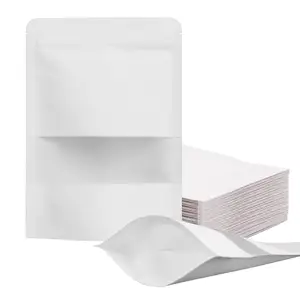 Opstaande Witte Kraftpapier Hersluitbare Ziplock Effen Warmte Afsluitbare Voedselverpakking Doypack Zakjes Zakken Met Mat Venster