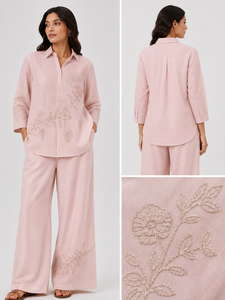Women’s Pink Floral Embroidered Co-Ord <b>Set</b>, Elegant Two-Piece Shirt and Wide-Leg Pants Outfit, Premium Ethnic Casual Wear - Product Image 3