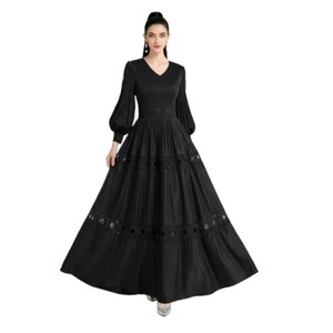 9930 #   Elegante Abito Lungo da Donna con Scollo a V, Tinta Unita, Maniche Lunghe Plissettate e Decorazioni in Pizzo Traforato <span class=keywords><strong>per</strong></span> Primavera, Estate e Autunno - Product Image 4