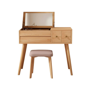 <b>Solid</b> Oak <b>Wood</b> Convertible <b>Dressing</b> <b>Table</b> Lighted LED USB Charging Port Flip Cover Makeup Cabinet Silent Wind Design Bedroom - Product Image 1