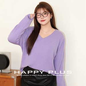 Pull en tricot ample à col en V Happy Plus pour femme, couleur unie, épaisseur moyenne, anti-boulochage, grande taille - Product Image 3