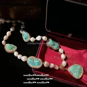 Luxury 18K Gold Plated Waterdrop Tassels Necklace Bracelet Original Design Chalcedony Turquoise Gemstone Pearl Diamond Weddings