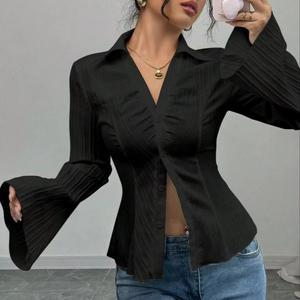 <strong>Plisse</strong> Texture Bell Sleeve Vintage Casual Shirt Elegant V Neck Button Blouse Regular Fit Solid Color Crinkle Fabric <strong>Top</strong> Office - Product Image 1