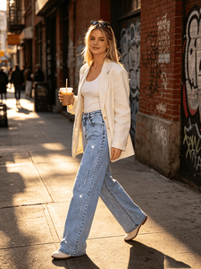 Jeans droits pour femmes, taille élastique, imprimés à chaud, taille standard européenne et américaine, pantalon droit été. - Product Image 4