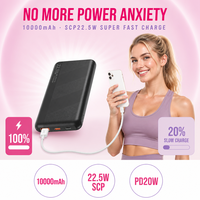 Batterie externe ultra-fine 10000 mAh avec charge rapide SCP 22,5 W, chargeur portable certifié UL2056 pour téléphone portable, tablette et voyage