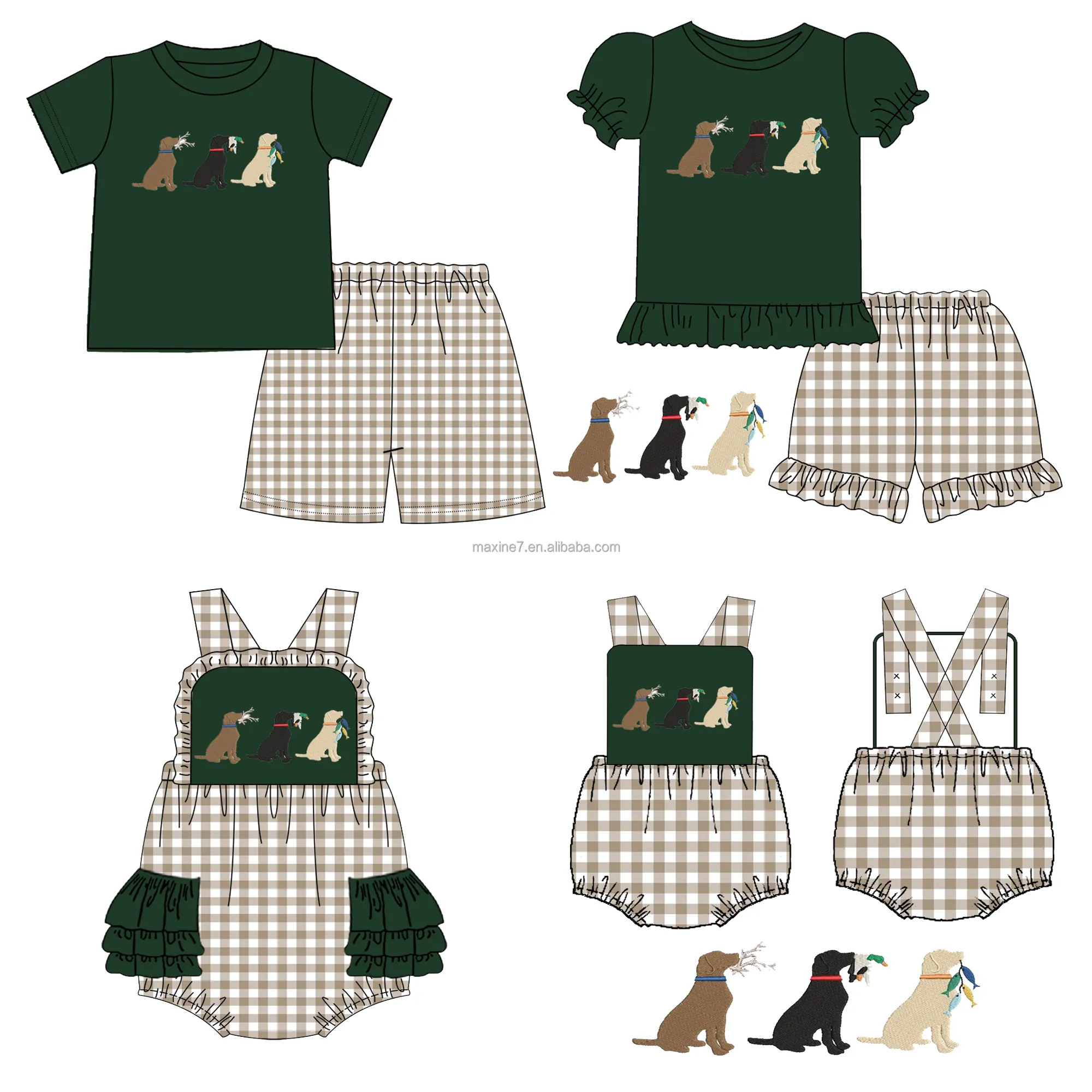 Ropa de verano para niños, bordado de perro de caza, camisa para bebés y trajes cortos de Boutique