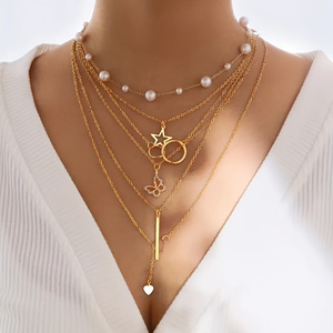 Conjunto <span class=keywords><strong>de</strong></span> collar <span class=keywords><strong>con</strong></span> colgante <span class=keywords><strong>de</strong></span> moda americana europea, <span class=keywords><strong>estrella</strong></span> <span class=keywords><strong>de</strong></span> <span class=keywords><strong>5</strong></span> <span class=keywords><strong>puntas</strong></span>, círculo, mariposa, corazón, perla, aleación <span class=keywords><strong>de</strong></span> Zinc chapada en oro - Product Image 6