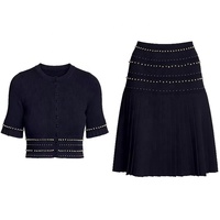 AIMEISI Nouvel ensemble jupe et haut tricoté perlé élégant à manches courtes, taille haute, 2 pièces pour femmes