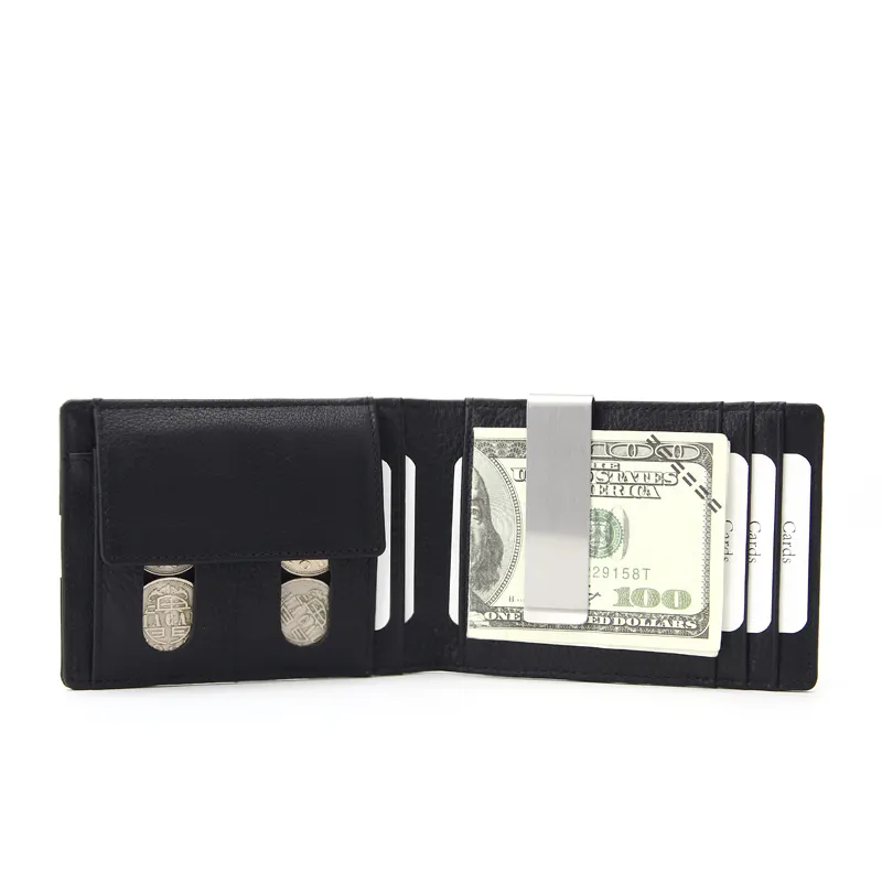 Mens Leather RFID Money Clip Wallet With Coin Slot Snap Sorter Pocket Card Wallet