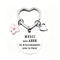 Porte-clés en métal en forme de cœur avec breloque fleur rose, étiquette gravée 'Merci' en français, cadeau pour la fin de l'année scolaire ou Noël
