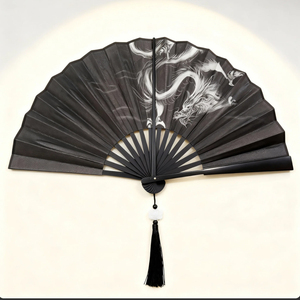 Éventail pliant en <span class=keywords><strong>bambou</strong></span> noir personnalisé avec logo imprimé en plastique, grand éventail chinois pour fête, événement, performance - Product Image 5