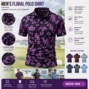 Camisa con cuello floral llamativa para hombre con logotipo de diseñador personalizado, estampado de flores moradas, top negro de verano - Product Image 4