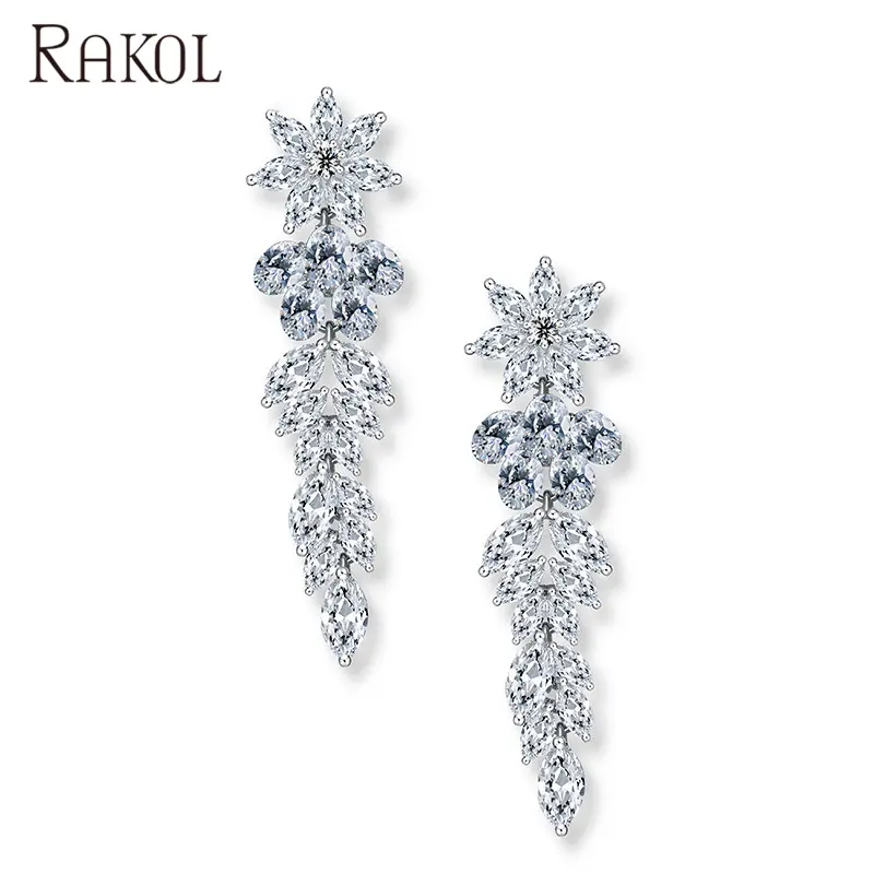 RAKOL EP005 wedding bridal jewelry luxury long leaf shape crystal CZ zircon earrings