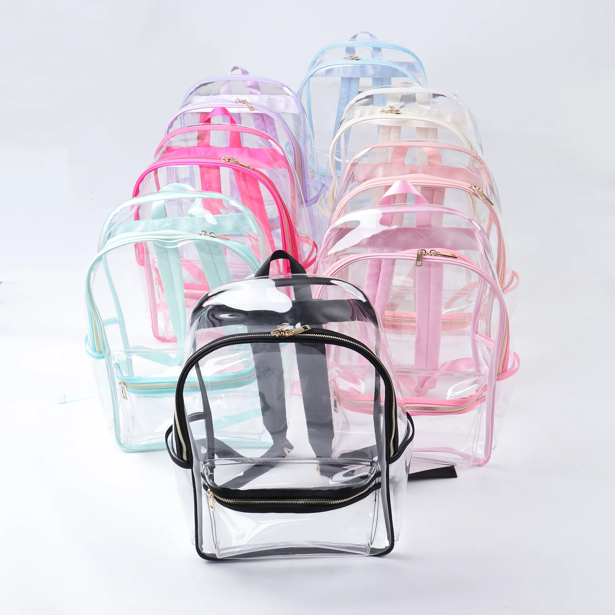 กระเป๋าเป้สะพายหลังสำหรับเด็กขนาดใหญ่กระเป๋าสะพายหลังแบบใสทำจาก PVC ใสปรับแต่งสีสันสดใสได้