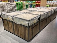 Présentoir double face de style étagère avec bacs transparents, meuble de rangement en bois pour supermarché