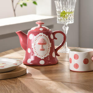 Mug à café et théière en céramique rose motif petit champignon mignon, ensemble de couverts en céramique pour le thé de l'après-midi, petit bol à soupe frais avec deux anses - Product Image 3