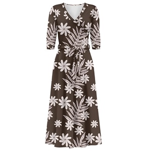 Robes maxi à imprimé floral pour femmes, motif hawaïen marron, été, avec poches, décontractées, manches <span class=keywords><strong>3</strong></span>/<span class=keywords><strong>4</strong></span>, col en V, ceinture à nouer, <span class=keywords><strong>robe</strong></span> <span class=keywords><strong>longue</strong></span> - Product Image 3