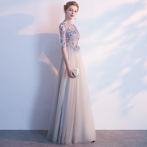 European American Style Long Chiffon Dress High Neck A-Line Floral Print Grey Evening Gown For Graduation Banquet - Product Image 2