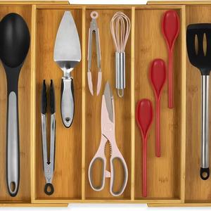 Organizador de Cuchillos de Cocina de Bambú, Caja de Almacenamiento con Cajones, Bandeja para Cubiertos con Divisores Ajustables, Compartimentos sin Tapa, Moderno - Product Image 1