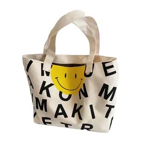 Women's Large Capacity Bag New Print Smiley Tote Bag Oversized Shoulder Grocery Cotton Canvas Bag