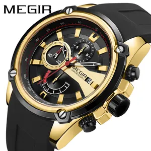 MEGIR 2086 品牌黄金男士手表时尚真皮表带 3 表盘计时码表夜光尼斯腕表礼品套装