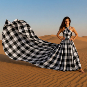 Robe longue maxi élégante pour femme, style indo-occidental, à carreaux noirs et blancs, avec col halter croisé - Product Image 1