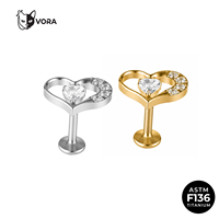 VORA ASTM F136 Titane Classique Cœur Labret à filetage interne avec cadre pavé de CZ pour cartilage d'oreille, hélix et tragus d'enfant