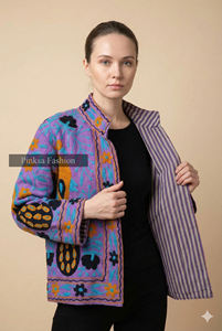 Veste universitaire en velours brodé floral bohème d'hiver et d'automne, écologique, anti-rides, coupe-vent, respirante, en coton Suzani - Product Image 3