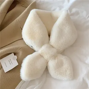 New Designer Winter Autumn Plush Faux Rabbit Fur Thicken Soft Cross Bowknot Downy Solid Color Scarf