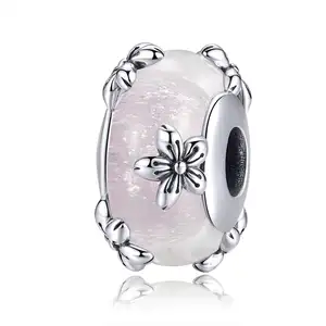 Pink flowers s925 sterling silver glazed beads cross-border beaded bracelet silver accessories SCC1302