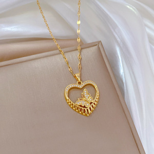 Collana con Ciondolo a Cuore e Farfalla in Acciaio Inossidabile con Zirconi per Donne, Catena per Clavicola, Gioielli Romantici (NL122) - Product Image 5