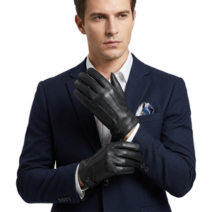 Gants d'hiver de luxe pour homme en cuir uni, thermiques, compatibles écran tactile, avec design à trois pointes, doublure en laine/cachemire - Product Image 1