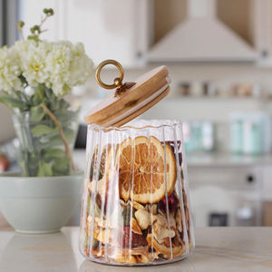 Barattoli di Vetro Conici Striati in Borosilicato con Coperchio in Metallo e Anello di Trazione in Bambù, Stile Moderno, Contenitori Sigillati per Tè e Granaglie - Product Image 5