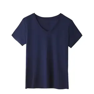 Camiseta de algodão respirável 190Gsm de alta qualidade Slim Fit personalizada com decote em V para mulheres camiseta de algodão de cor sólida feminina