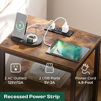 Table de chevet et table d'appoint moderne avec station de charge, ports USB, prises, construction en bois et fer, multifonctionnelle, hauteur réglable