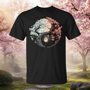 Camiseta Yin Yang Cherry Blossom Taijitu, diseño unisex negro, ropa artística espiritual - Product Image 3