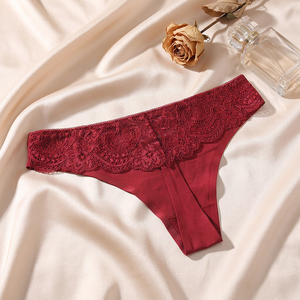 Wholesale Women Eyelash Lace Spliced <b>Thong</b> Panties Solid Color Soft Low Waist Sexy Underwear Plus Size <b>Seamless</b> T-back Panties - Product Image 4