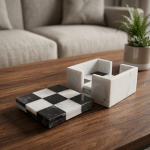 Popular Premium Black White <b>Marble</b> <b>Coaster</b> Set of 6 Natural Stone Check Design Waterproof Flamed Surface Drink <b>Coasters</b> - Product Image 1