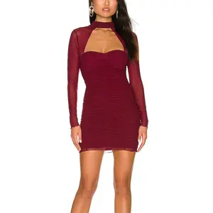 Robe de soirée personnalisée pour femmes, tenue courte, moulante, froncée et Sexy, avec découpe en maille, couleur bordeaux,