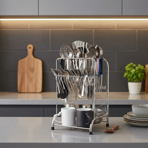 Metal Kitchen <b>Utensil</b> <b>Holder</b> Rack Standing Cutlery Spoon Organizer Stand Multifunctional Non-Folding Storage - Product Image 5